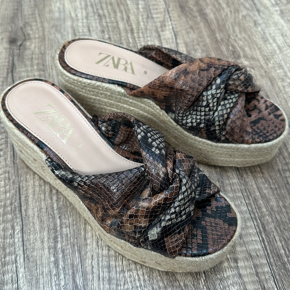 Zara Brown Snakeskin Jute Espadrille Platform Slide Sandals Sz 38 / 7.5